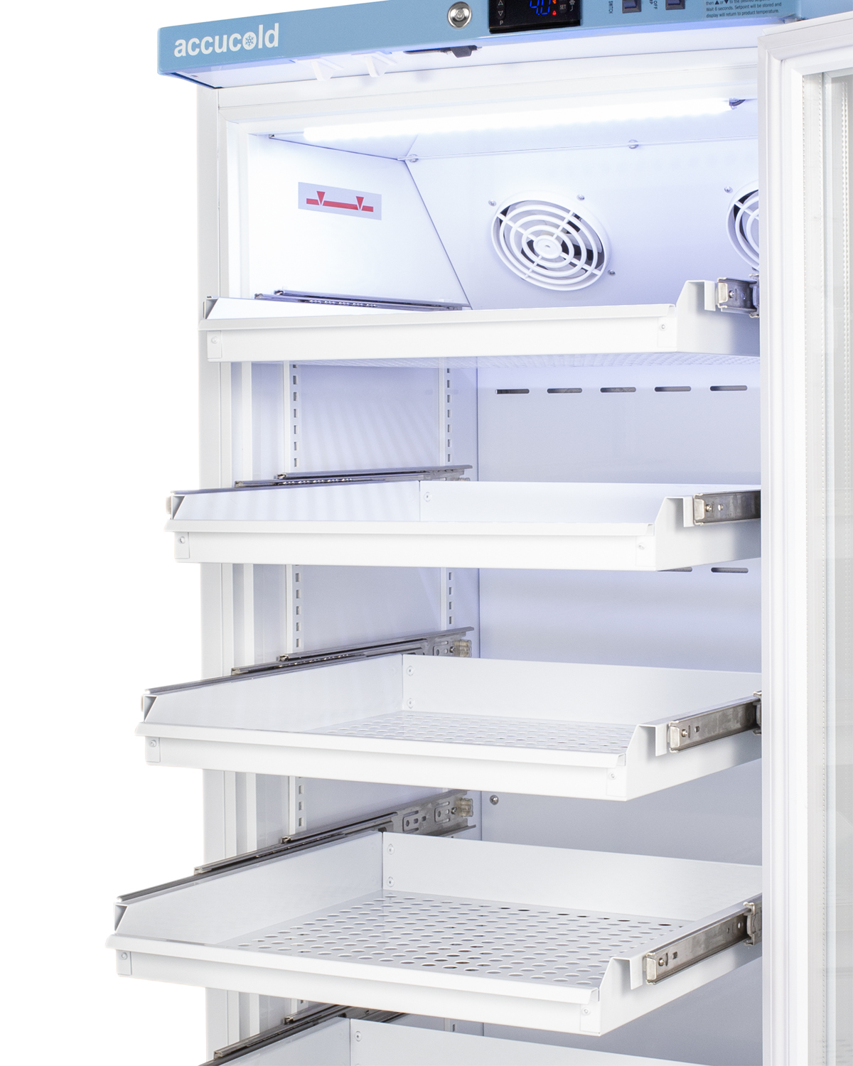 Performance series Med-Lab 8 cu.ft. upright all-refrigerator with four ventilated removable drawers, antimicrobial silver-ion handle, and hospital grade cord with 'green dot' plug